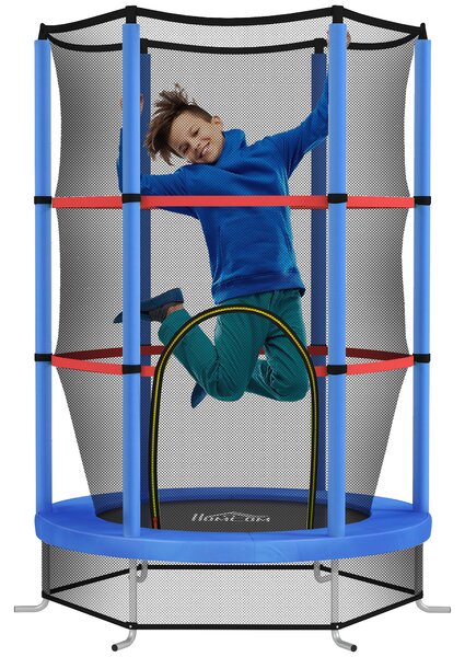 HOMCOM Tappeto Elastico per Bambini 3-6 Anni con Rete di Protezione, 6 Colonne e 3 Ingressi, Ø140x190 cm, Blu e Nero