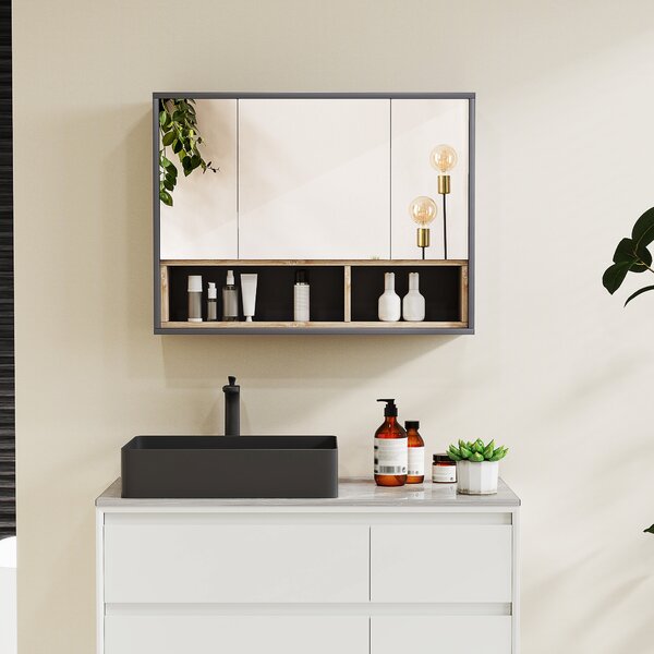 HOMCOM Specchiera Bagno a 3 Ante con Armadietto 8 Vani e Ante Ammortizzate, 80x20x60 cm, Grigio