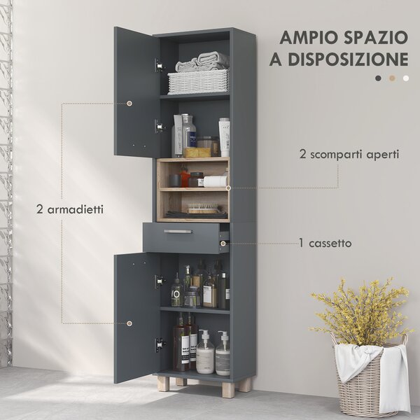 HOMCOM Colonna Bagno Moderna con Cassetto e Armadietti in Legno e Lega di Alluminio, 40x24x160 cm, Grigio