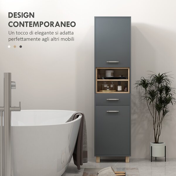 HOMCOM Colonna Bagno Moderna con Cassetto e Armadietti in Legno e Lega di Alluminio, 40x24x160 cm, Grigio
