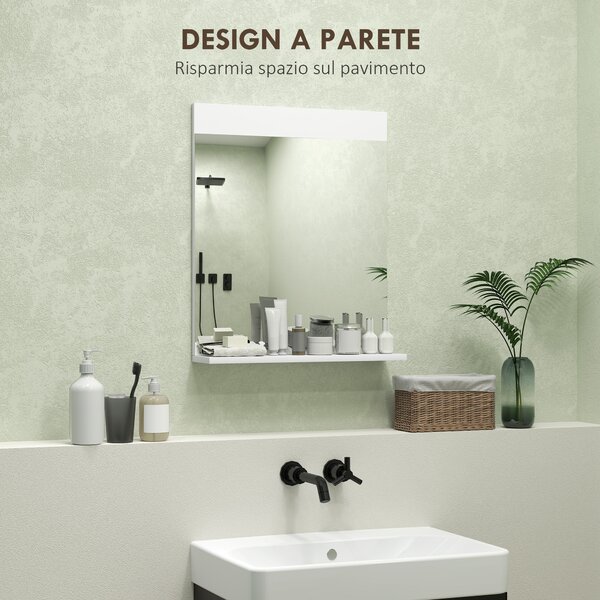 HOMCOM Specchio Bagno da Parete Moderno con Mensola Portaoggetti, in Vetro e MDF, 50x12x60 cm, Bianco
