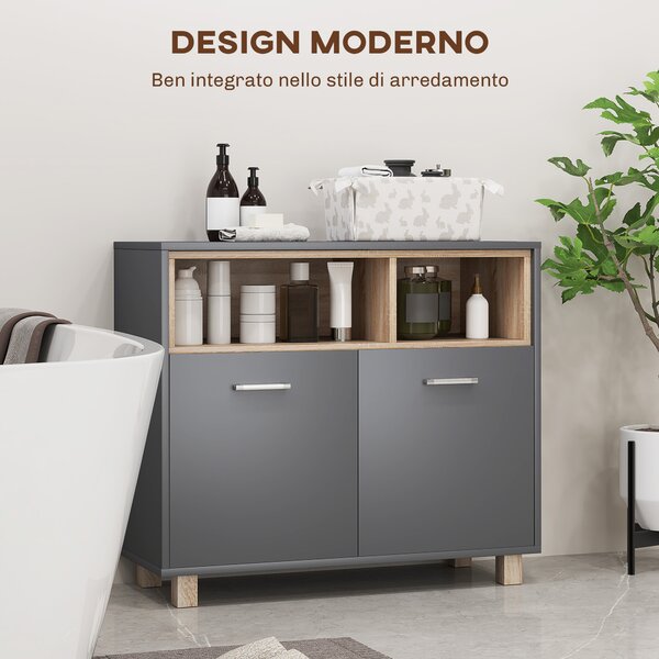 HOMCOM Mobiletto Bagno Moderno con Vani Aperti e Armadietto a 2 Ante, 80x35x70 cm, Grigio