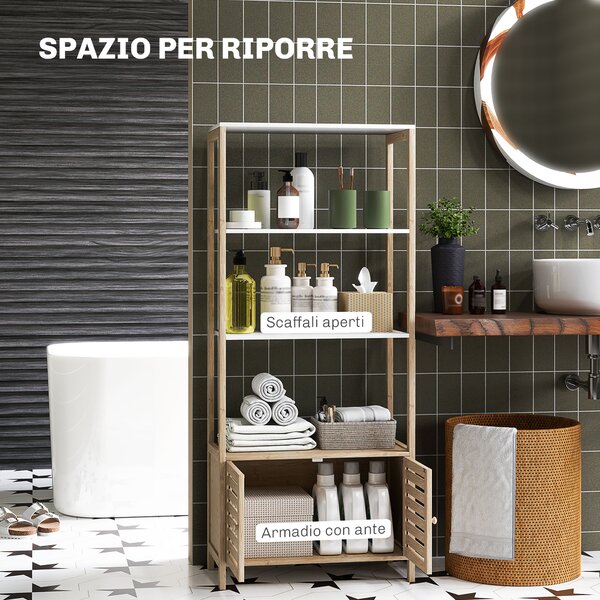 HOMCOM Mobile Bagno in Bambù con 3 Ripiani e Armadietto Inferiore, 63x30x138 cm, Color Legno e Bianco
