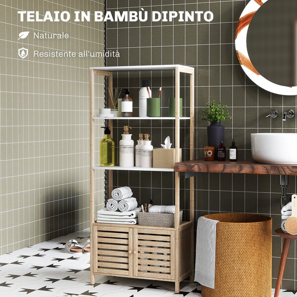 HOMCOM Mobile Bagno in Bambù con 3 Ripiani e Armadietto Inferiore, 63x30x138 cm, Color Legno e Bianco
