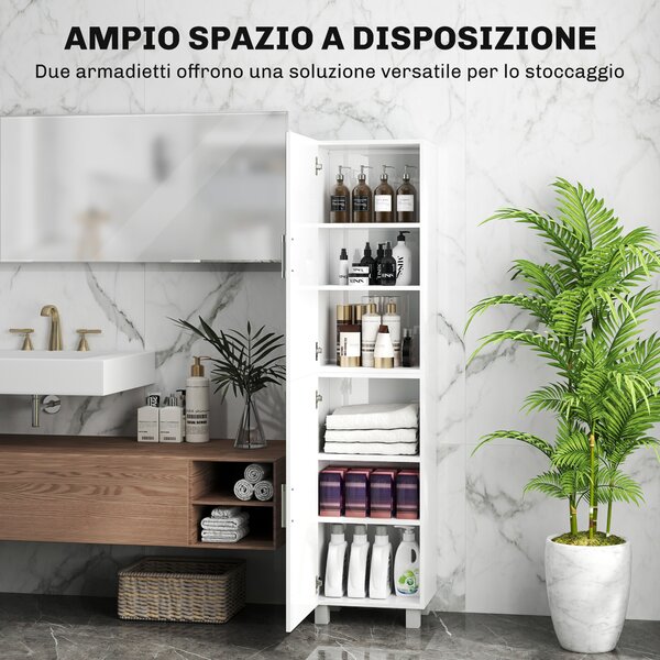HOMCOM Colonna Bagno Moderna con 2 Armadietti e Ripiani Regolabili, 40x30x167.5 cm, Bianco
