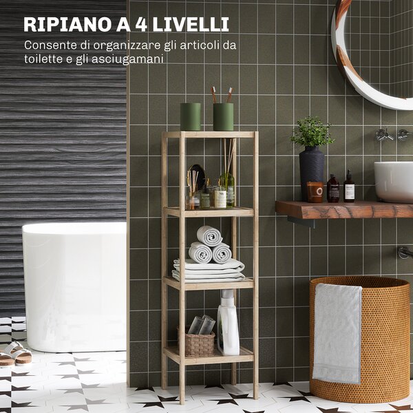 HOMCOM Scaffale Bagno Moderno a 4 Livelli Antiribaltamento in Bambù verniciato, 33x31x110 cm, color Legno| Aosom Italy