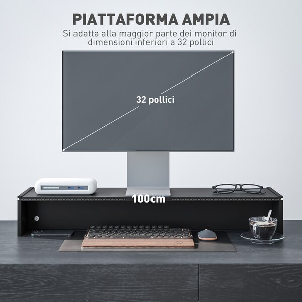 HOMCOM Supporto per Monitor in Legno da Scrivania con 2 Vani Contenitore, Ergonomico, per Laptop e Computer, 100x27x15 cm, Nero | Aosom Italy