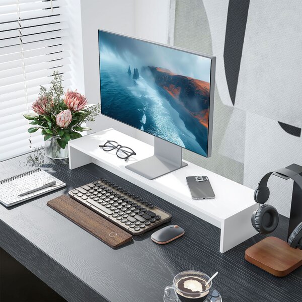 HOMCOM Supporto per Monitor in Legno da Scrivania con 2Vani Contenitore in Legno, Ergonomico, per Laptop, Computer 100x27x15 cm, Bianco| Aosom Italy