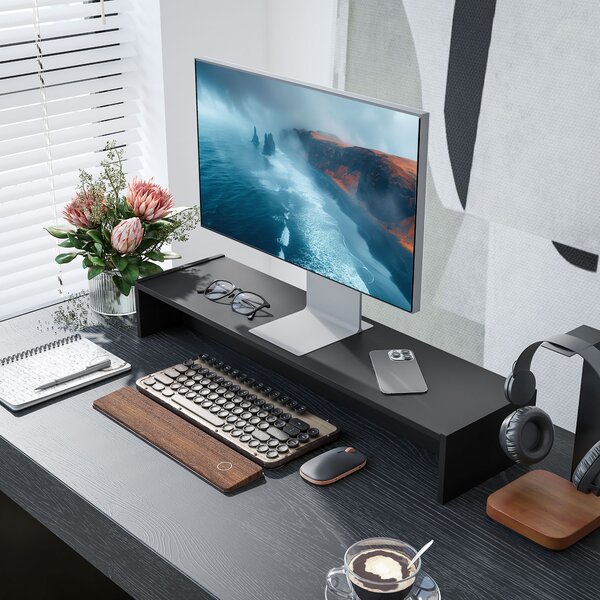 HOMCOM Supporto per Monitor in Legno da Scrivania con 2 Vani Contenitore, Ergonomico, per Laptop e Computer, 100x27x15 cm, Nero | Aosom Italy