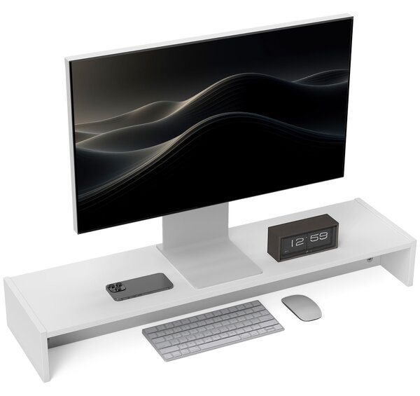 HOMCOM Supporto per Monitor in Legno da Scrivania con 2Vani Contenitore in Legno, Ergonomico, per Laptop, Computer 100x27x15 cm, Bianco| Aosom Italy