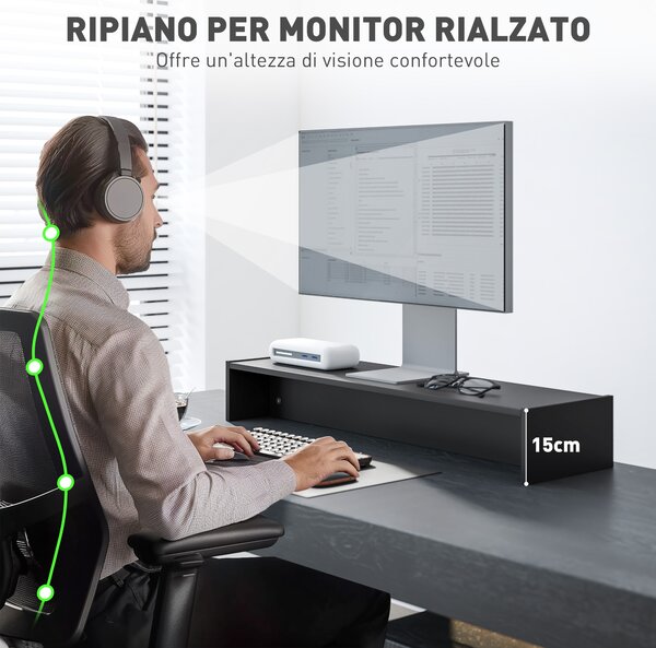 HOMCOM Supporto per Monitor in Legno da Scrivania con 2 Vani Contenitore, Ergonomico, per Laptop e Computer, 100x27x15 cm, Nero | Aosom Italy