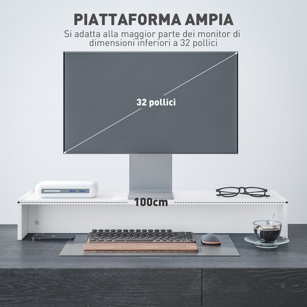 HOMCOM Supporto per Monitor in Legno da Scrivania con 2Vani Contenitore in Legno, Ergonomico, per Laptop, Computer 100x27x15 cm, Bianco| Aosom Italy
