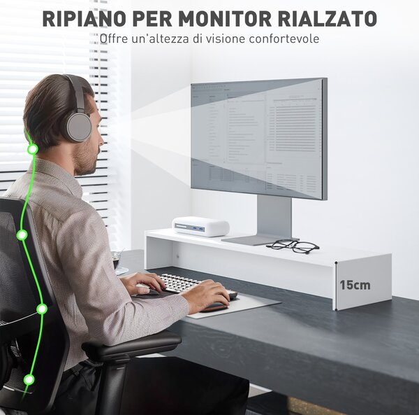 HOMCOM Supporto per Monitor in Legno da Scrivania con 2Vani Contenitore in Legno, Ergonomico, per Laptop, Computer 100x27x15 cm, Bianco| Aosom Italy