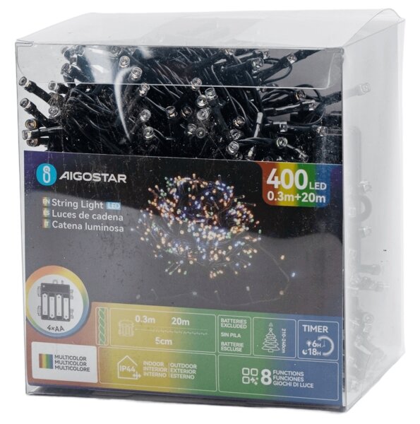 Aigostar - Catena luminosa LED da esterno 400xLED/8 funzioni 4xAA 20,3 m multicolore