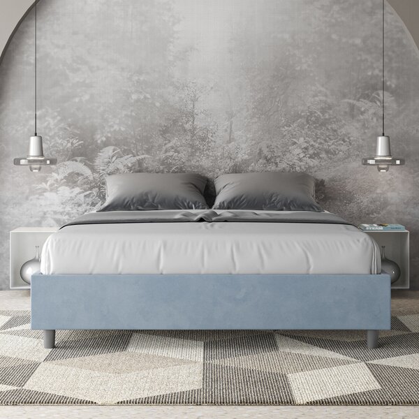 Letto Matrimoniale 160x190 cm con Rete e Contenitore Giroletto con Alzata Comoda Imbottito in Microfibra Azelia Azzurro