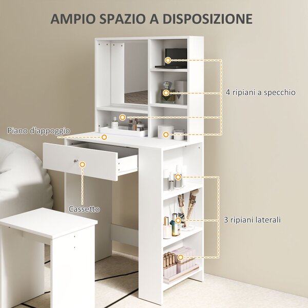 HOMCOM Set Toeletta da Trucco con Tavolino e Sgabello, Specchio e Ripiani in Legno, Bianco