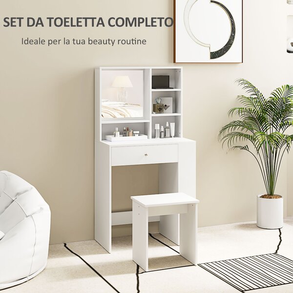 HOMCOM Set Toeletta da Trucco con Tavolino e Sgabello, Specchio e Ripiani in Legno, Bianco