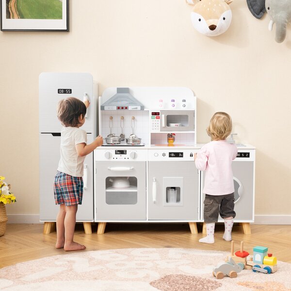 Costway Set da cucina per bambini 3+ anni con frigorifero e lavatrice macchina del ghiaccio, Giocattolo da cucina Bianco e grigio