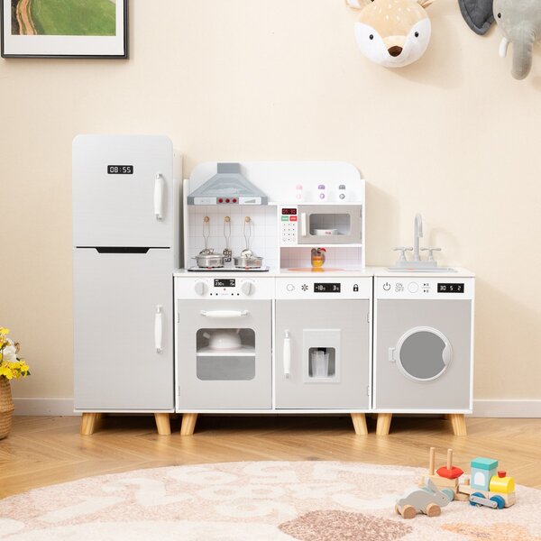 Costway Set da cucina per bambini 3+ anni con frigorifero e lavatrice macchina del ghiaccio, Giocattolo da cucina Bianco e grigio