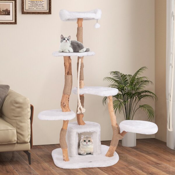Costway Albero per gatti alto 168cm in legno massello con trespolo pali per graffiare pallina, Torre moderna in legno per gatti Bianco