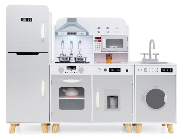 Costway Set da cucina per bambini 3+ anni con frigorifero e lavatrice macchina del ghiaccio, Giocattolo da cucina Bianco e grigio