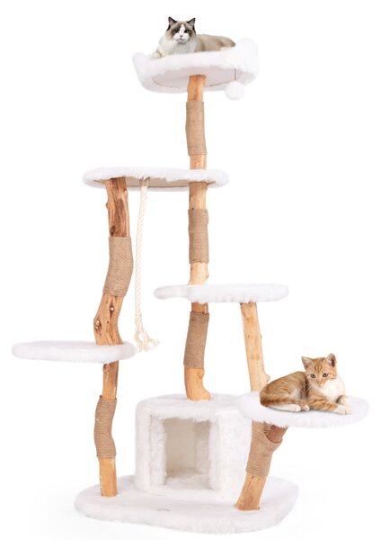 Costway Albero per gatti alto 168cm in legno massello con trespolo pali per graffiare pallina, Torre moderna in legno per gatti Bianco