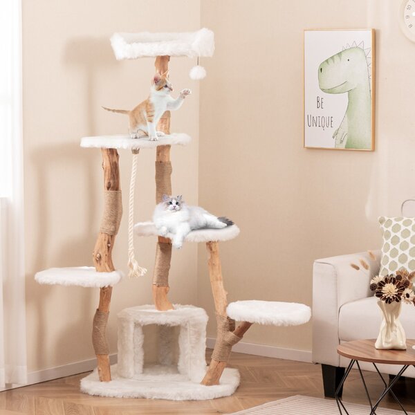 Costway Albero per gatti alto 168cm in legno massello con trespolo pali per graffiare pallina, Torre moderna in legno per gatti Bianco