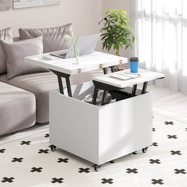 Costway Tavolino da caffè con piano sollevabile pieghevole 3 in 1, Tavolo centrale con contenitore nascosto cassetto e ruote girevole 360° per soggiorno