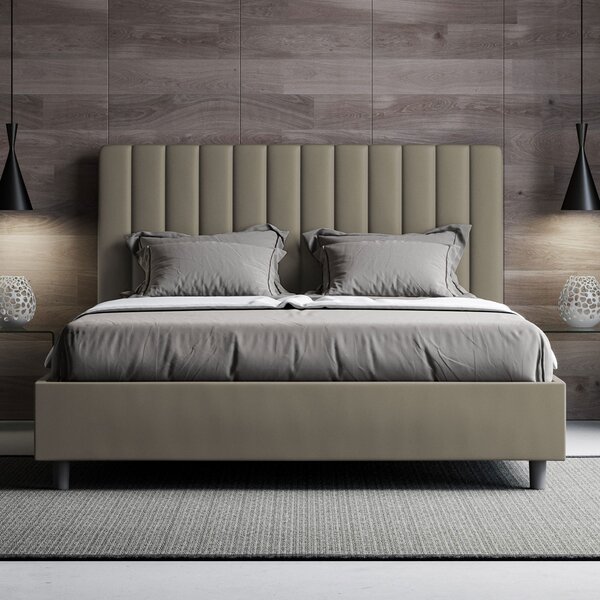 Letto Matrimoniale 160x190 cm con Rete e Contenitore con Testata e Alzata Comoda Imbottito in Similpelle Agueda Cappuccino