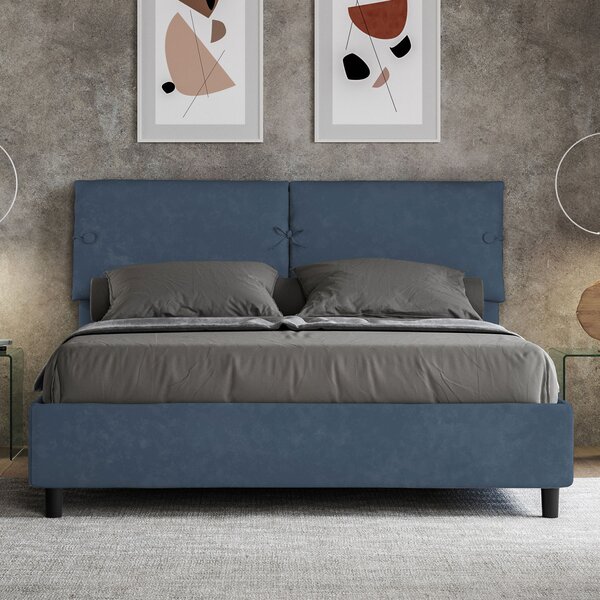 Letto Matrimoniale 160x190 cm con Rete e Contenitore con Testata e Alzata Comoda Imbottito in Microfibra Sleeper Blu