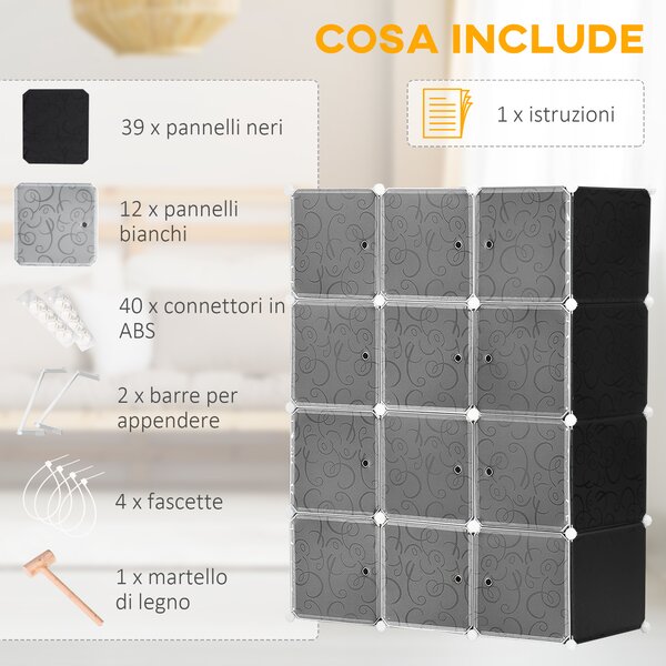 Homcom Armadio Modulare Guardaroba 12 Cubi Fai da Te in PP Scaffale a Cubi Bianco e Nero 111x47x145cm|Aosom