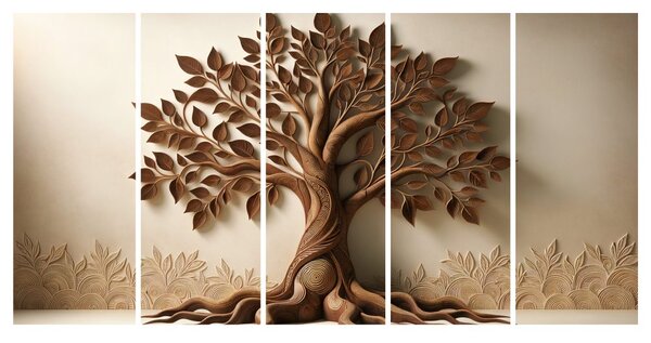 Quadri 5 pezzi – Albero della vita marrone con effetto 3D