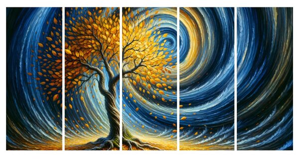 Quadri 5 pezzi – Albero della vita dorato nel vortice della notte