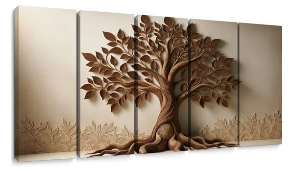 Quadri 5 pezzi – Albero della vita marrone con effetto 3D