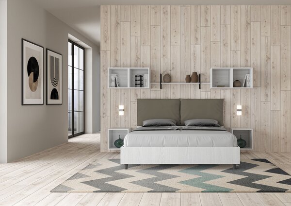 Letto Matrimoniale 160x200 cm Senza Rete Struttura Bianco Frassico con Cuscini in Similpelle Egos Antea Cappuccino