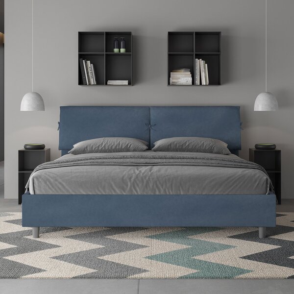 Letto Matrimoniale King Size 180x190 cm Senza Rete Testata con Cuscini Imbottito in Microfibra Mados Blu