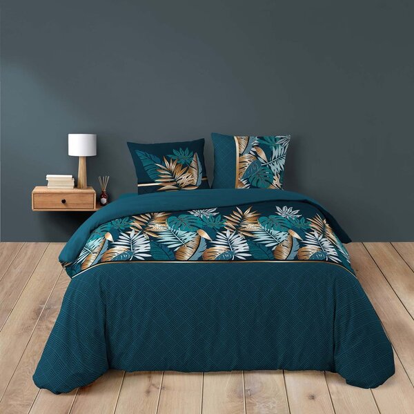 Set copripiumino e federa blu in cotone per letto matrimoniale e per letto esteso 240x220 cm Alianor – douceur d'intérieur