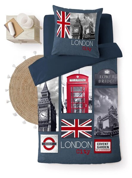 Set copripiumino e federa blu scuro in cotone per letto singolo 140x200 cm City London – douceur d'intérieur