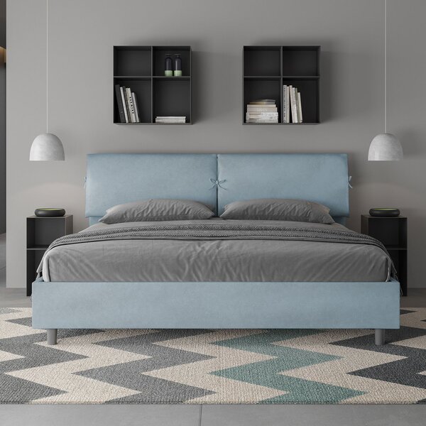 Letto Matrimoniale King Size 180x190 cm Senza Rete Testata con Cuscini Imbottito in Microfibra Mados Azzurro
