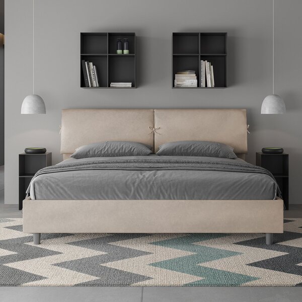 Letto Matrimoniale King Size 180x190 cm Senza Rete Testata con Cuscini Imbottito in Microfibra Mados Sabbia
