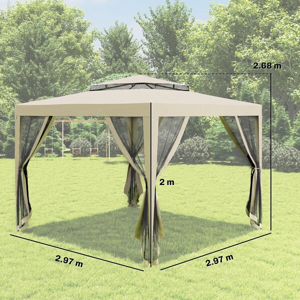Outsunny Gazebo da Giardino 3x3m con Zanzariera, Doppio Tetto e Telaio in Metallo, Beige