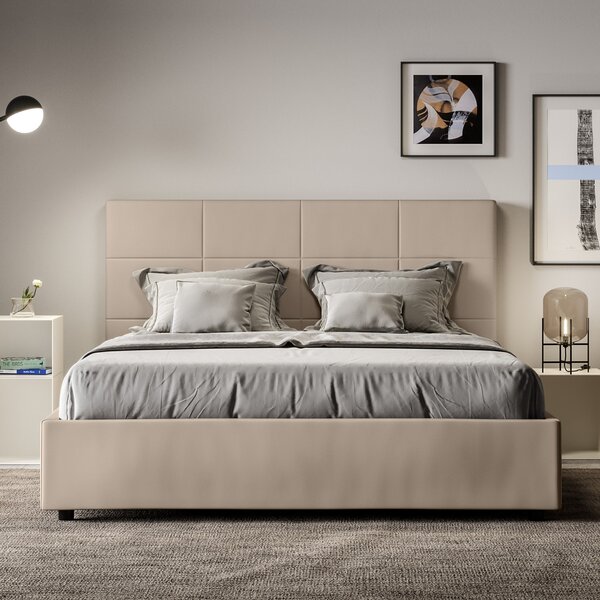 Letto Matrimoniale 160x190 cm con Rete e Contenitore con Alzata Comoda Imbottito in Similpelle Mika Tortora