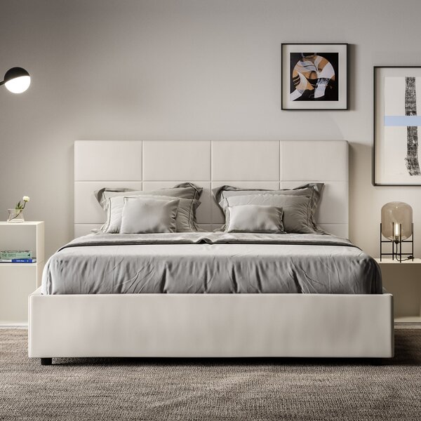 Letto Matrimoniale 160x190 cm con Rete e Contenitore con Alzata Comoda Imbottito in Similpelle Mika Bianco