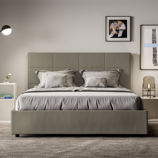 Letto Matrimoniale 160x190 cm con Rete e Contenitore con Alzata Comoda Imbottito in Similpelle Mika Cappuccino