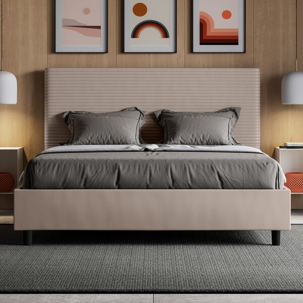 Letto Matrimoniale 160x190 cm con Rete e Contenitore con Testata e Alzata Comoda Imbottito in Similpelle Focus Tortora