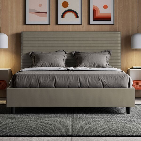 Letto Matrimoniale 160x190 cm con Rete e Contenitore con Testata e Alzata Comoda Imbottito in Similpelle Focus Cappuccino