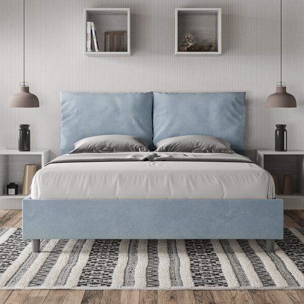 Letto Matrimoniale 160x190 cm con Rete e Contenitore Giroletto con Alzata Comoda Imbottito in Microfibra Antea Azzurro