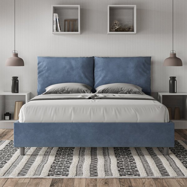 Letto Matrimoniale 160x190 cm con Rete e Contenitore Giroletto con Alzata Comoda Imbottito in Microfibra Antea Blu