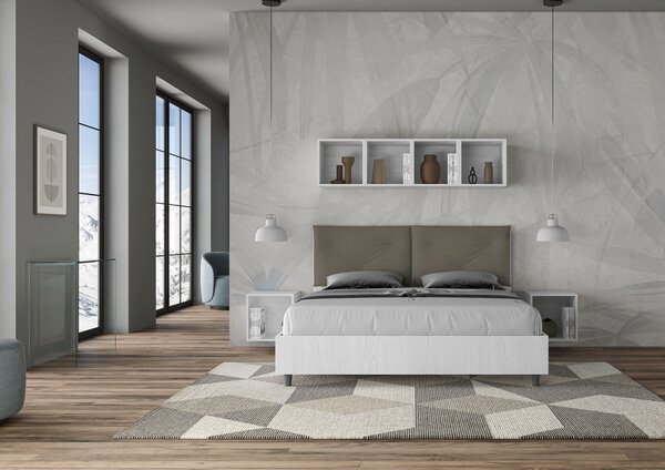 Letto Matrimoniale 160x200 cm Senza Rete Struttura Bianco Frassico con Cuscini in Similpelle Egos Appia Cappuccino