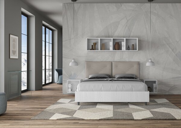 Letto Matrimoniale 160x200 cm Senza Rete Struttura Bianco Frassico con Cuscini in Similpelle Egos Appia Tortora